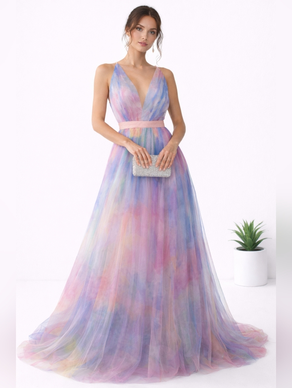 Pastel Rainbow V-Neck Tulle Elegant Dress